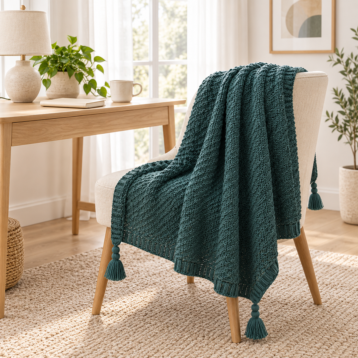 Tevolin green throw blanket draped open over a writing chair beside a bright window #color_green