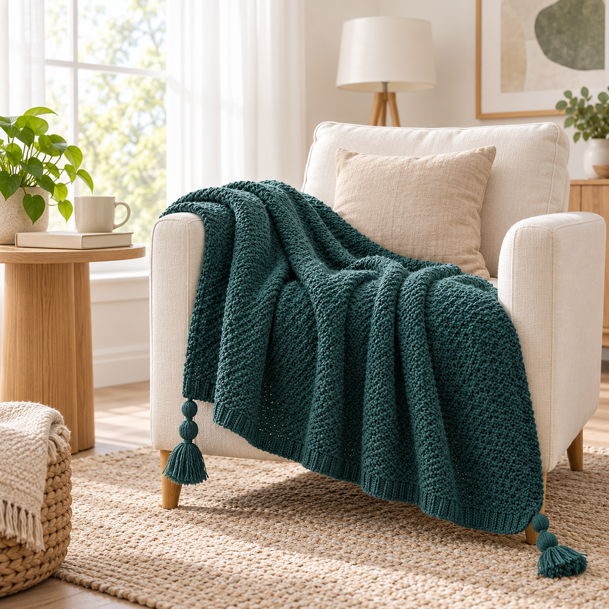 Tevolin green throw blanket for couch bringing a color accent to an ivory armchair in a garden facing nook #color_green