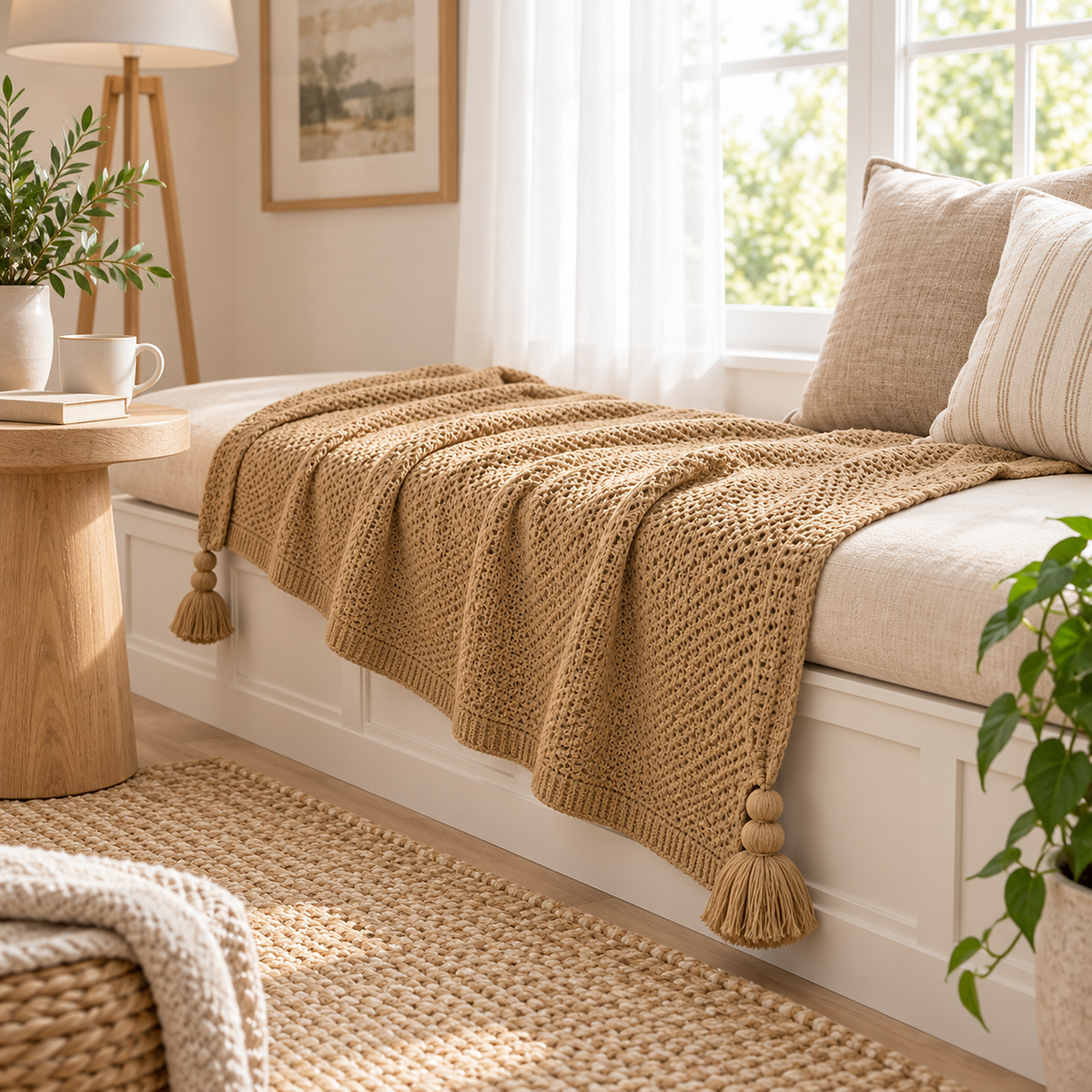 Tevolin khaki throw blanket opened along a cushioned breakfast room window bench #color_khaki