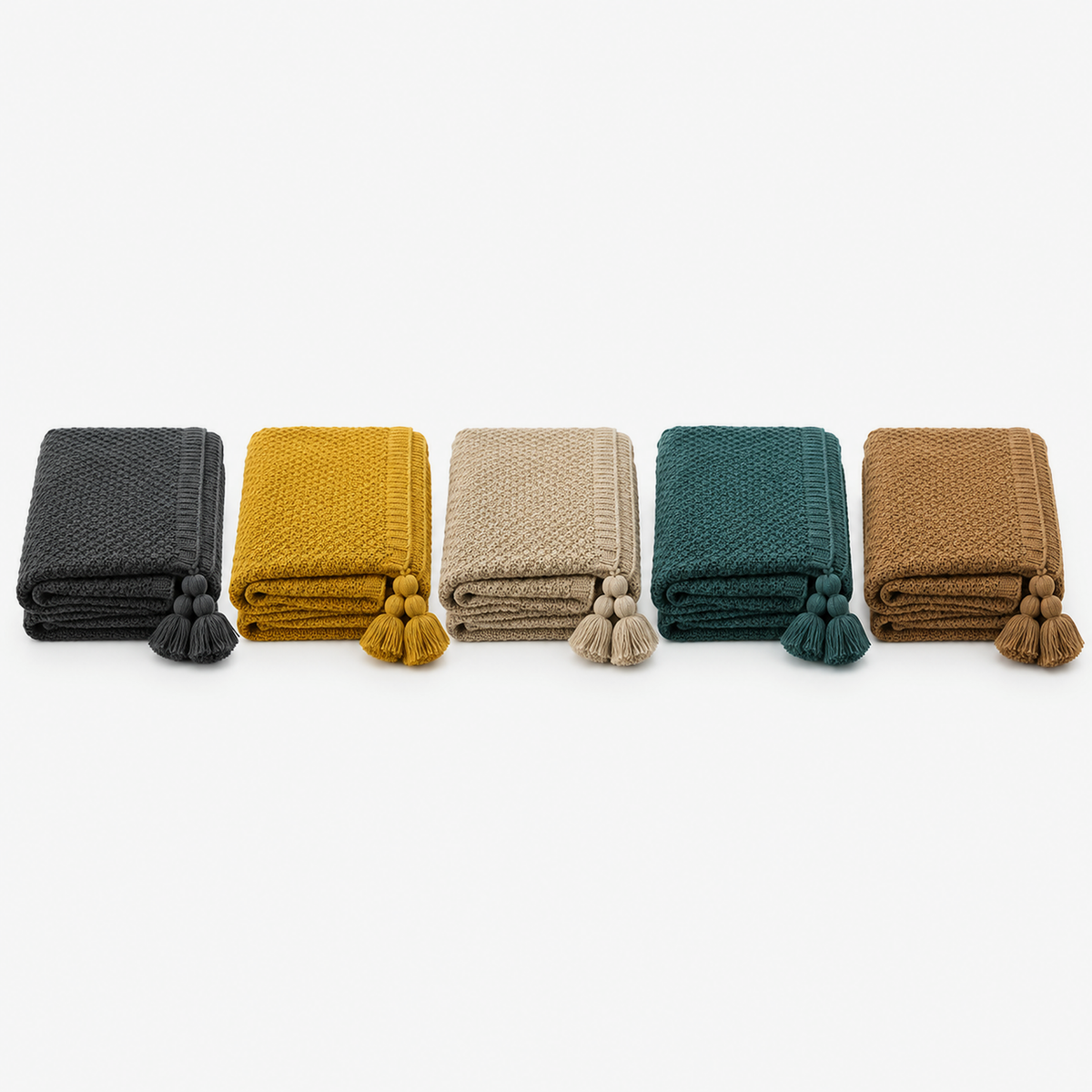 Tevolin soft throw blanket in gray, yellow, khaki, green and brown shown as five separate folded stacks