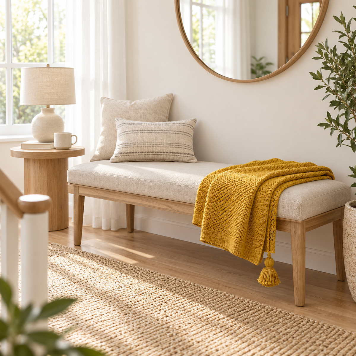 Tevolin yellow soft throw blanket loosely folded within reach on a pale landing bench #color_yellow