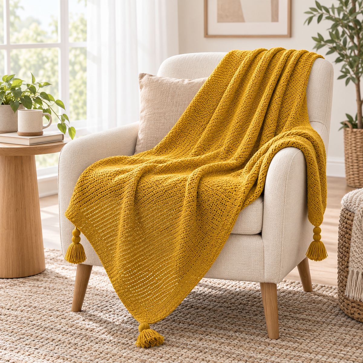 Tevolin yellow throw blanket for couch adding color to a bright ivory chair in a white sitting corner #color_yellow