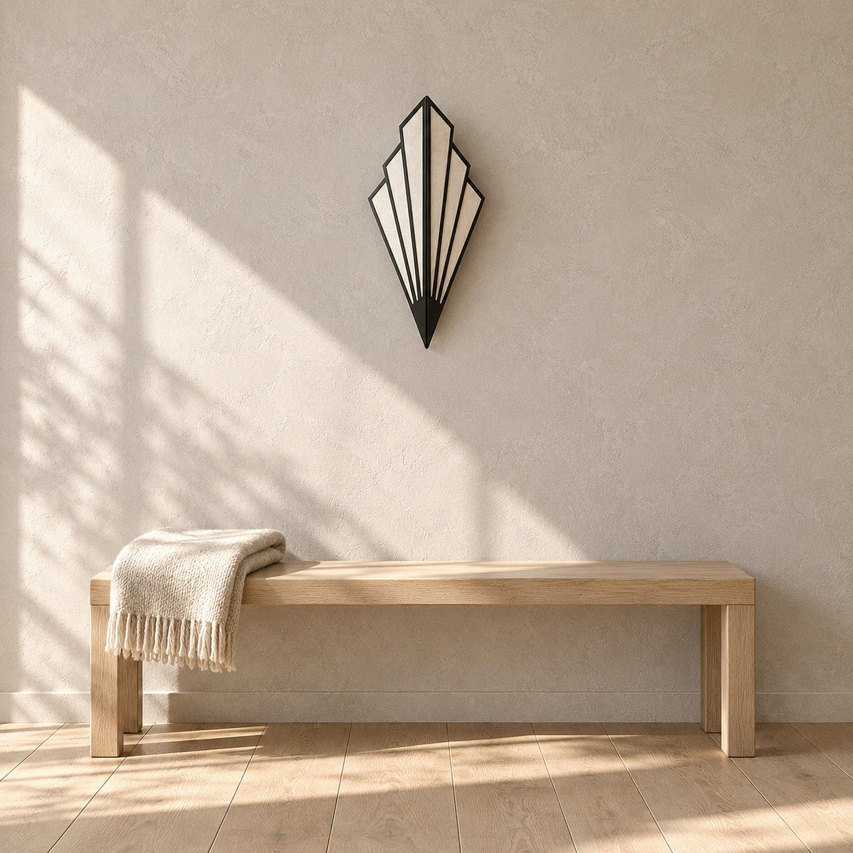 Ticorena black plug in wall lamp unlit above a bench in an entry vestibule