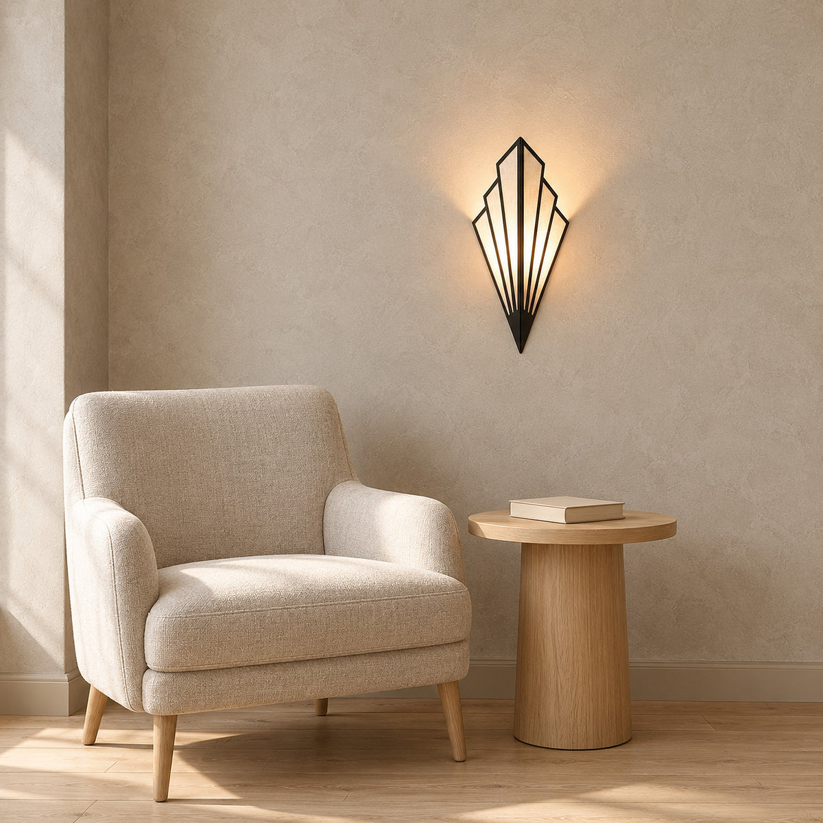 Ticorena black wall sconce lit beside an armchair in a library alcove