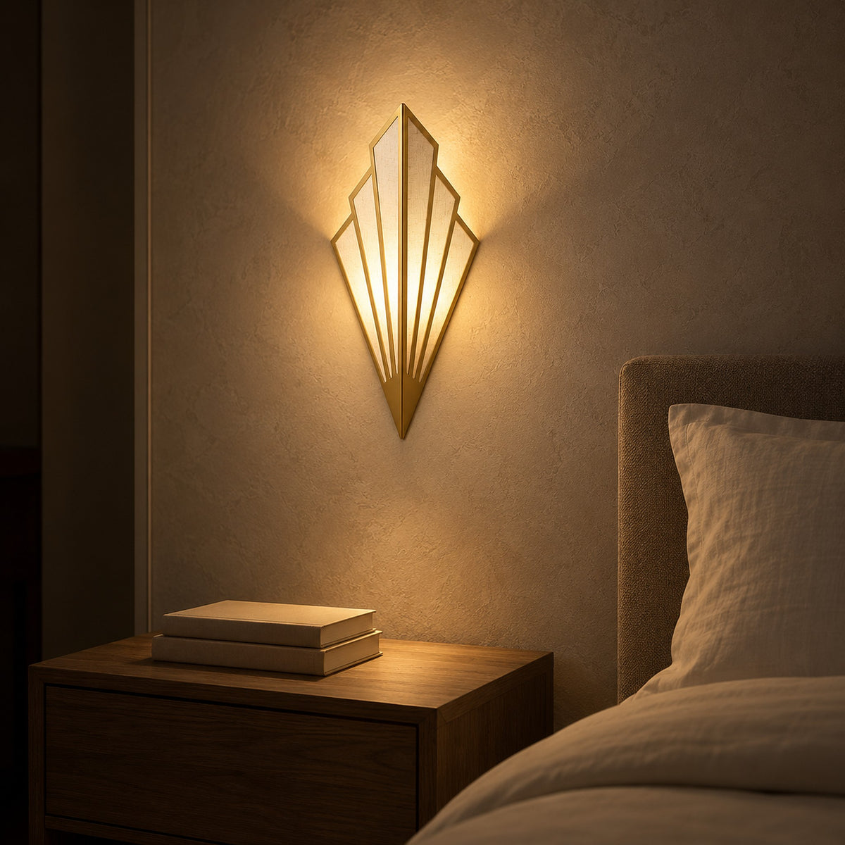 Ticorena gold wall lamp by the bed at night, its panels glowing warm in a guest bedroom #color_gold