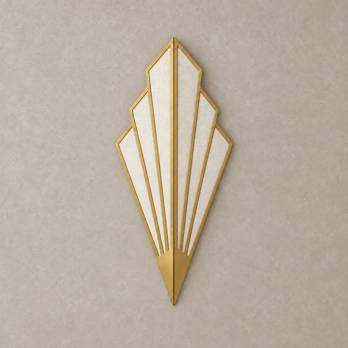 Ticorena gold wall lamp shown unlit with pale textured panels on a plain backdrop #color_gold