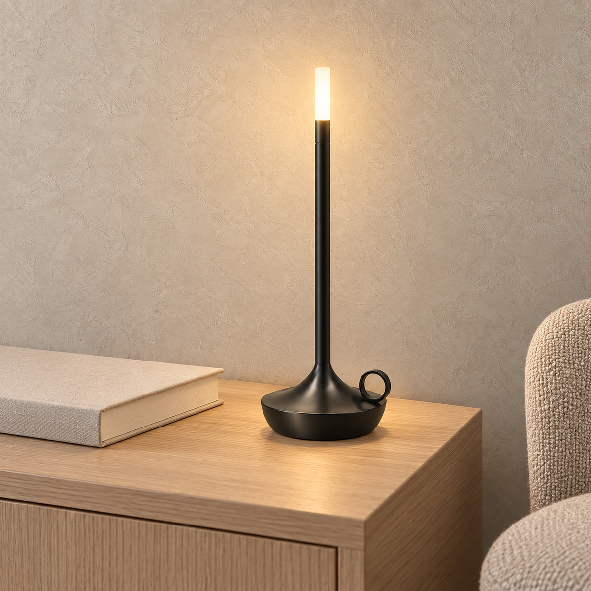 Tilmaro black cordless table lamp glowing warm on a study sideboard in daylight