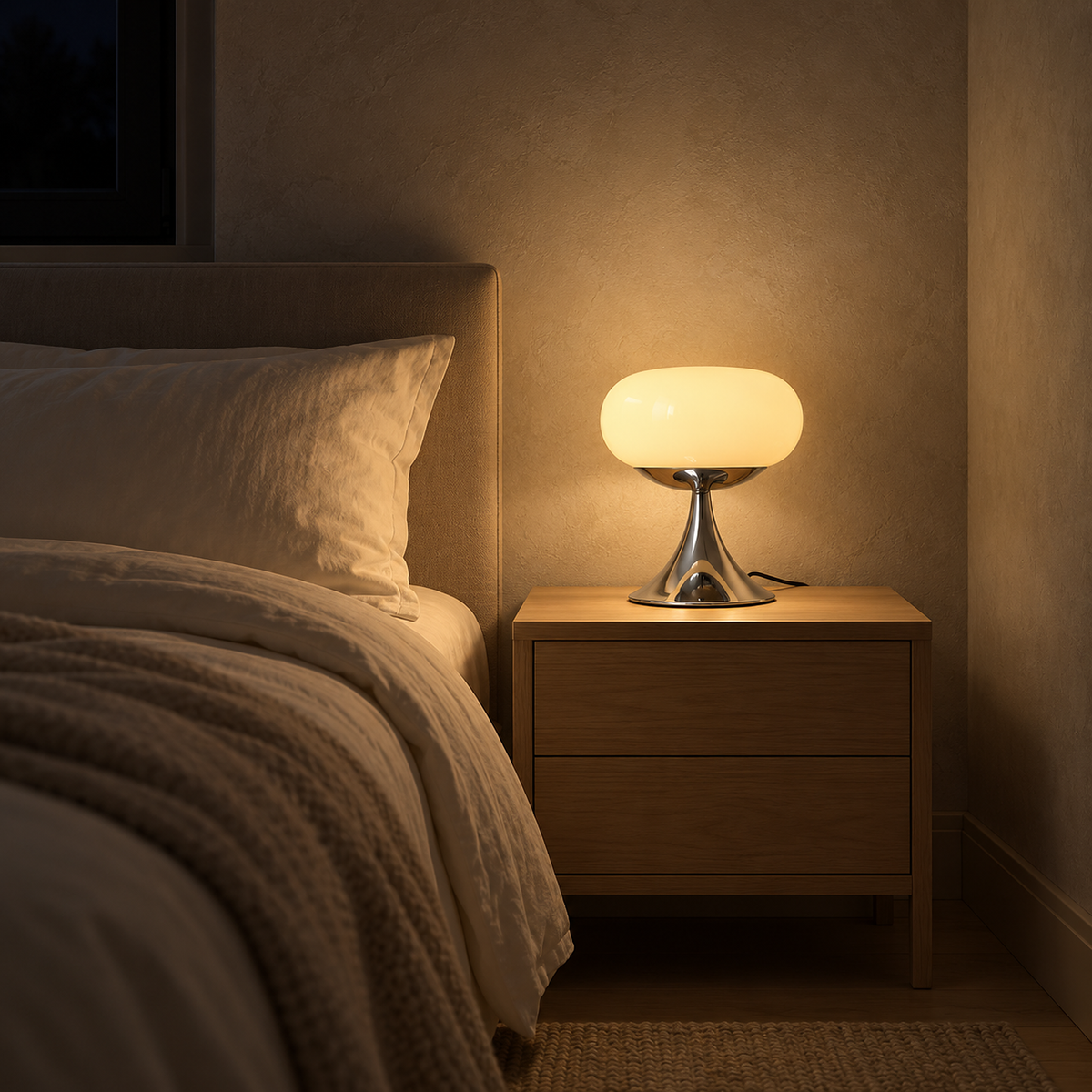 Tilvara bedside lamp in beige casting gentle light across a nightstand and bedding at night