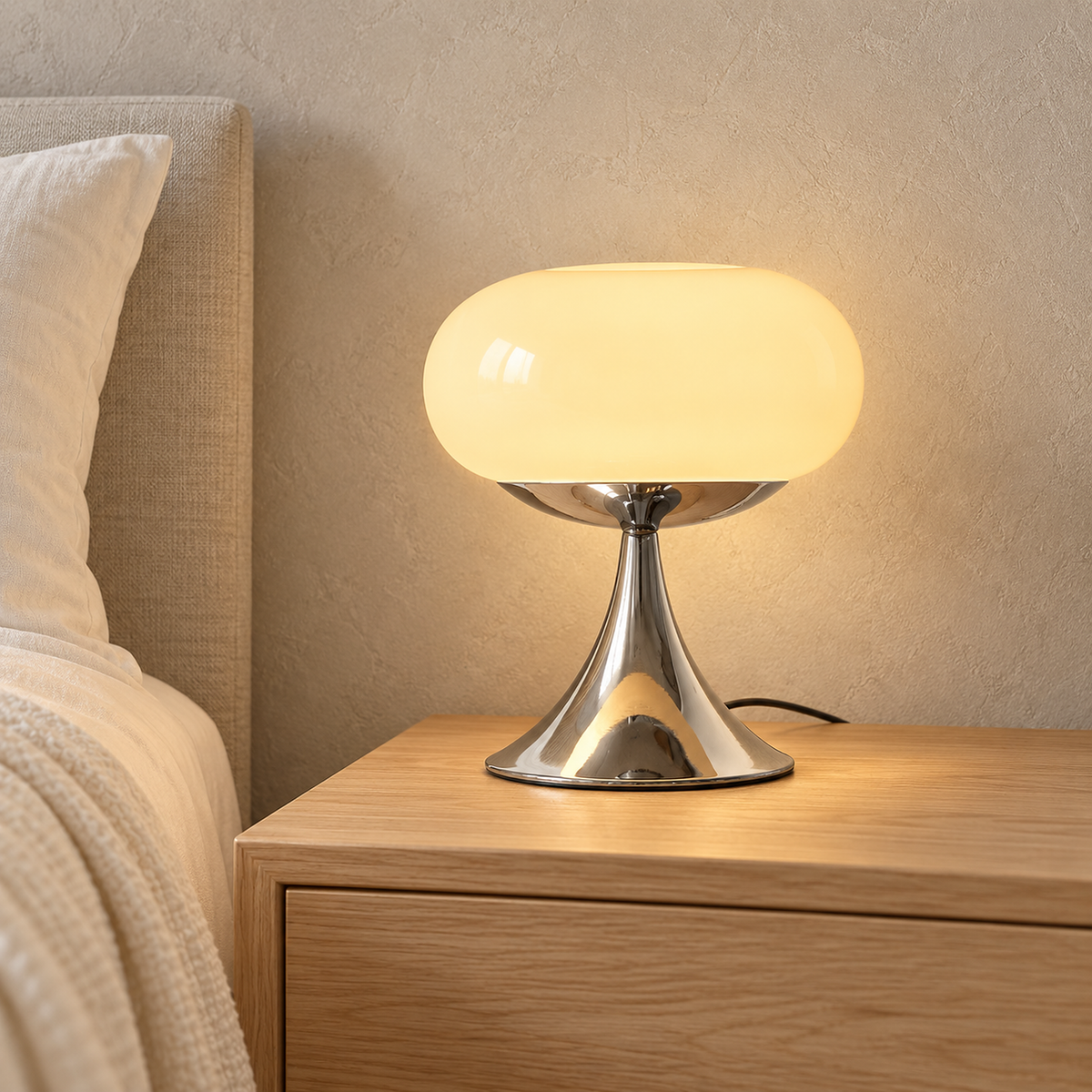 Tilvara bedside lamp in beige glowing beside ivory bedding in a guest sleeping alcove by day