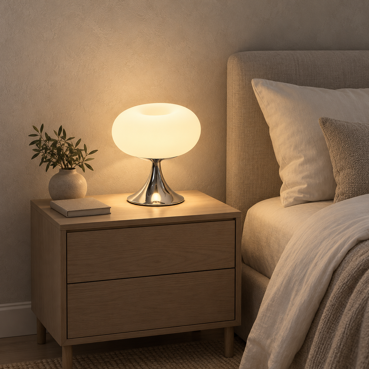 Tilvara bedside lamp in white softly lighting the bedside in a guest sleeping alcove #color_white