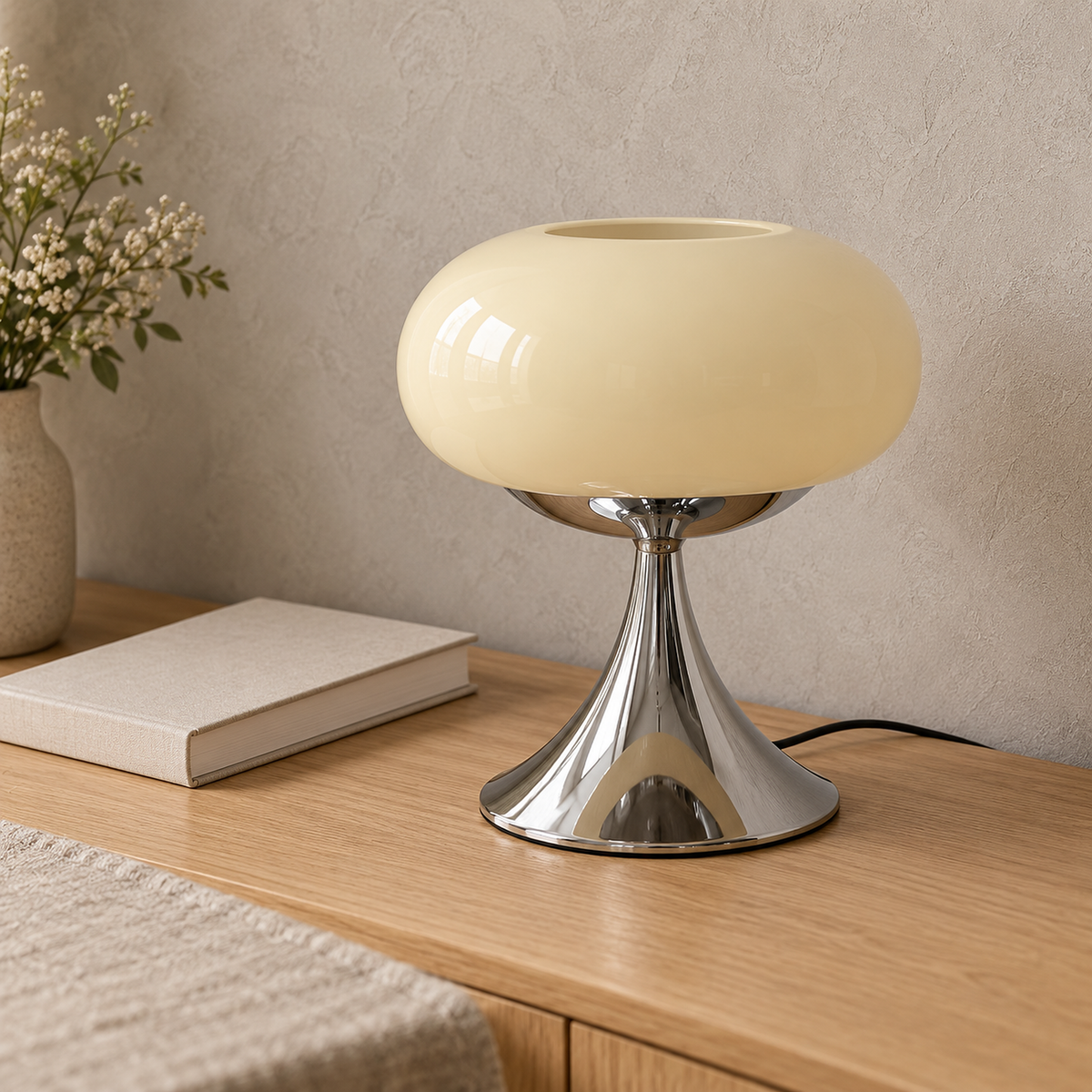 Tilvara table lamp in beige, close detail of the glass shade opening and metal stem by daylight