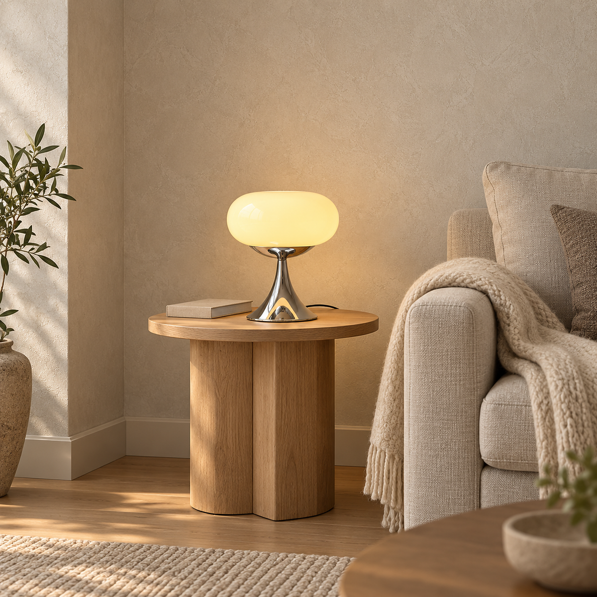Tilvara table lamp in beige glowing beside a sofa in a living room with its cord visible