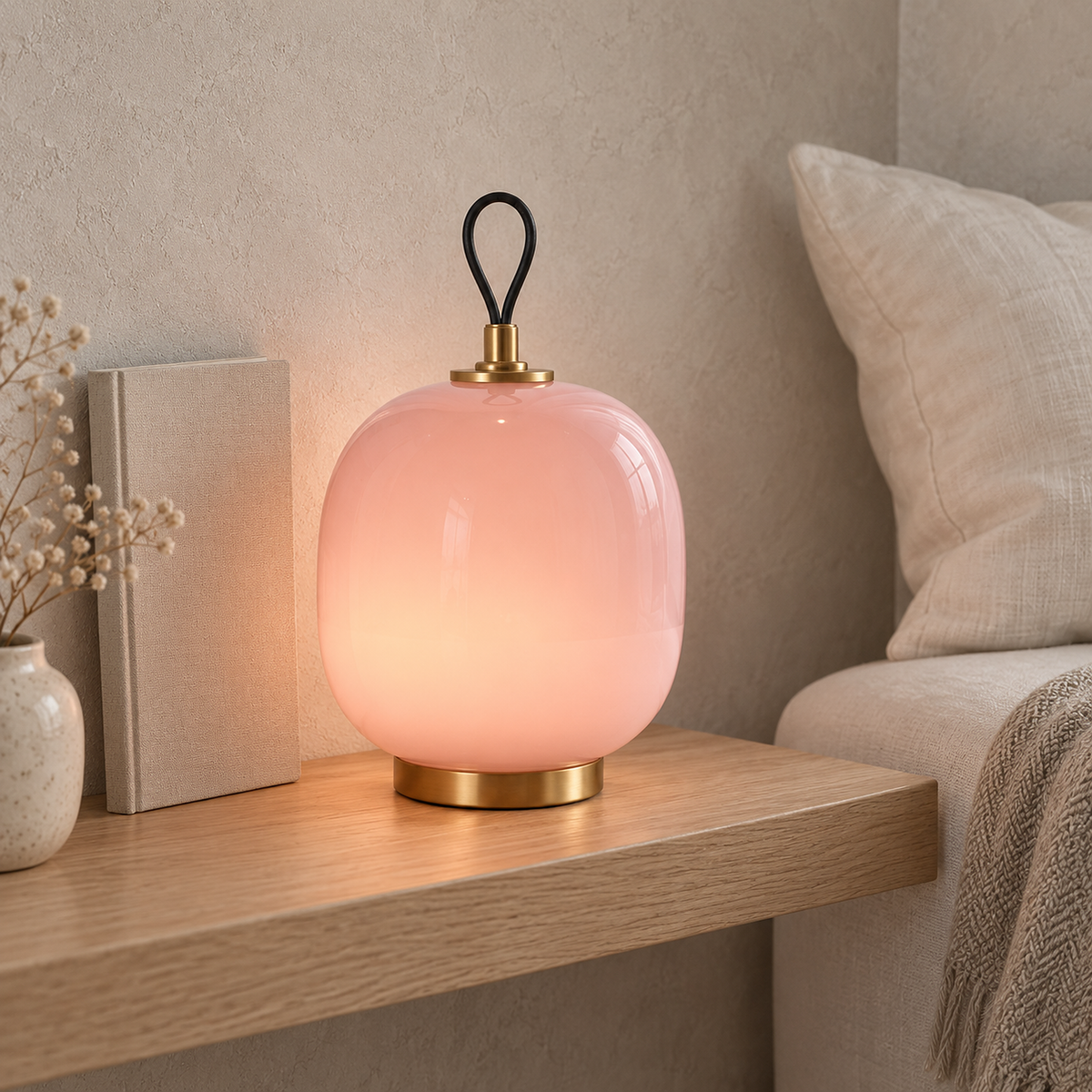 Timarelo cream pink bedside lamp glowing beside an ivory daybed in a sunny studio sleeping nook