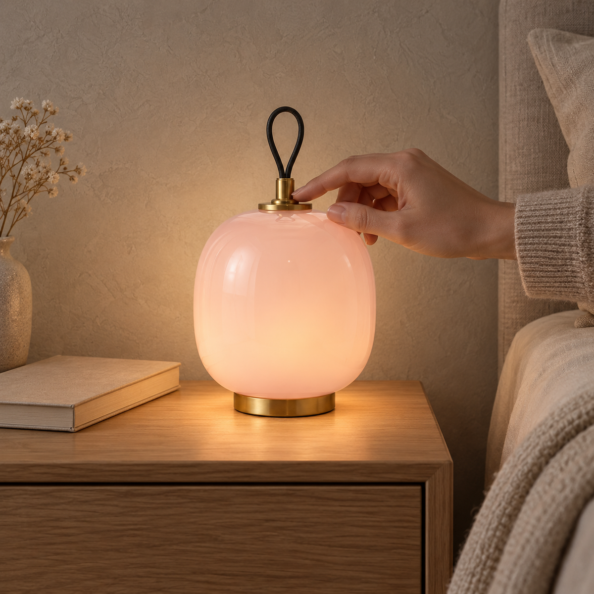 Timarelo cream pink bedside lamp standing lit beside a neatly made bed in a bedroom