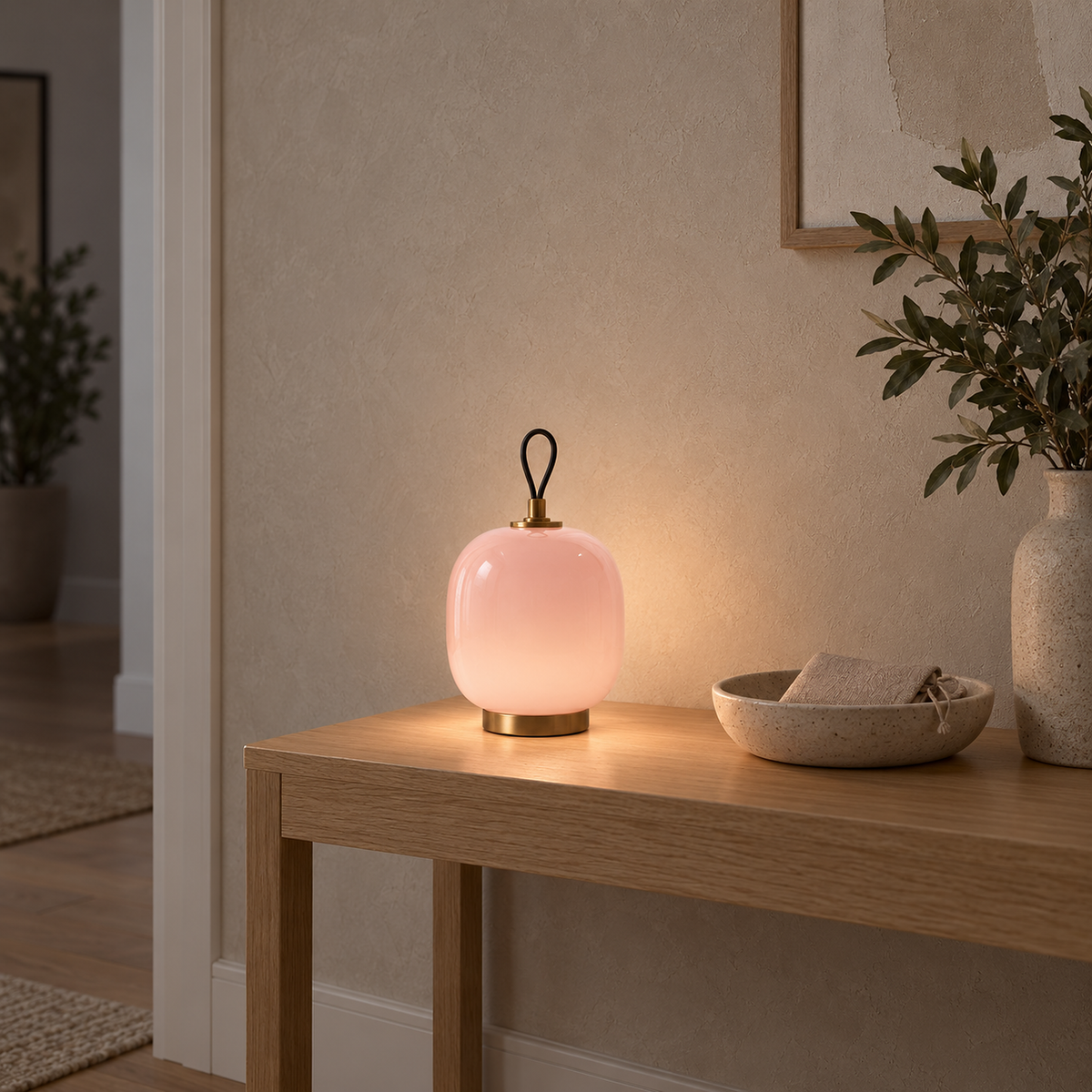 Timarelo cream pink rechargeable table lamp lit on an entry console in soft daylight