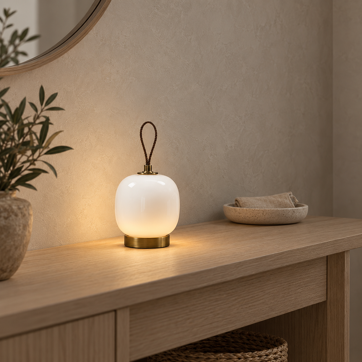 Timarelo cream white battery operated table lamp lighting a console in an entry hall #color_cream white