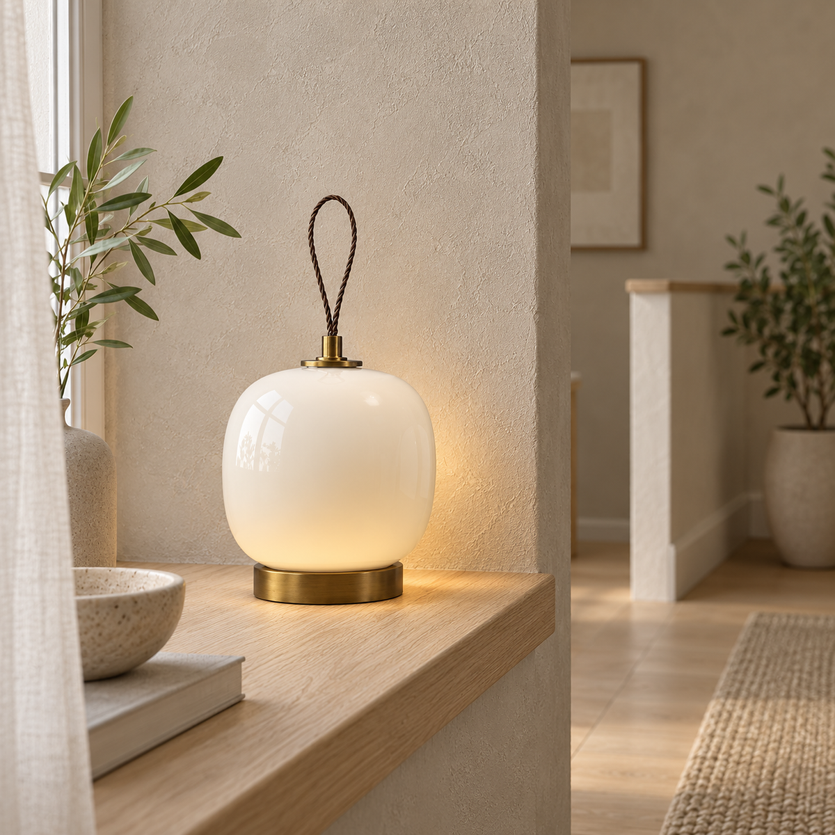 Timarelo cream white portable table lamp on a stair landing sill with a soft pool of light #color_cream white
