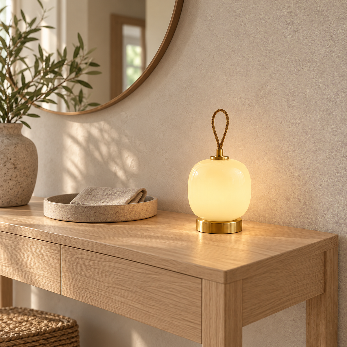 Timarelo cream yellow battery operated table lamp glowing on an entry console by day #color_cream yellow