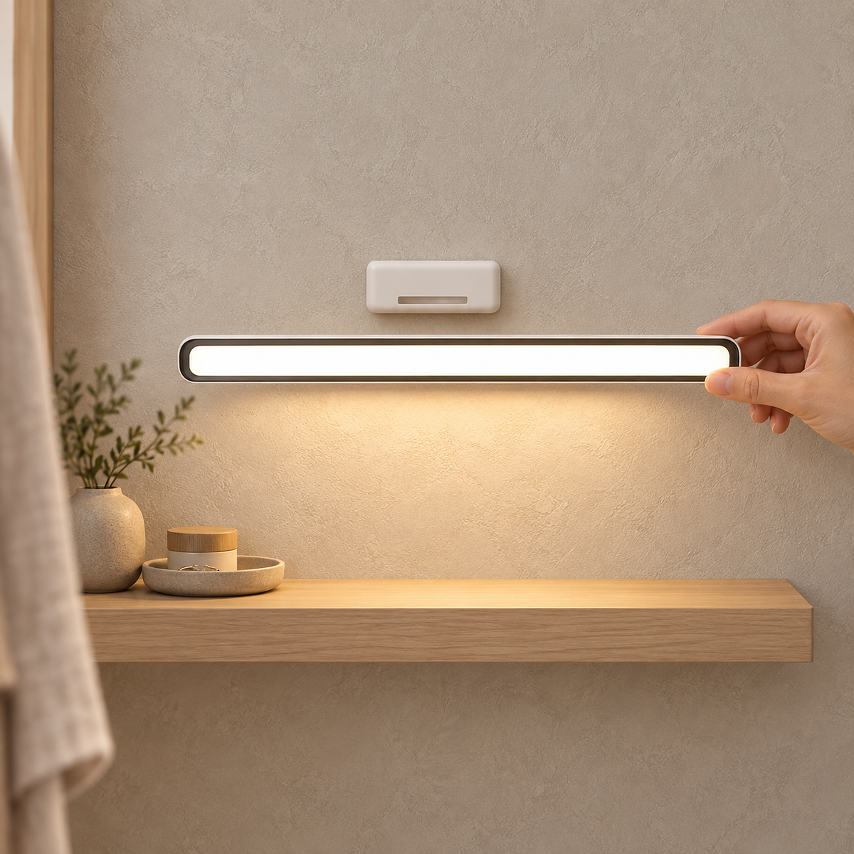 Tirelan white cordless table lamp lifted off its magnetic holder above a dressing shelf