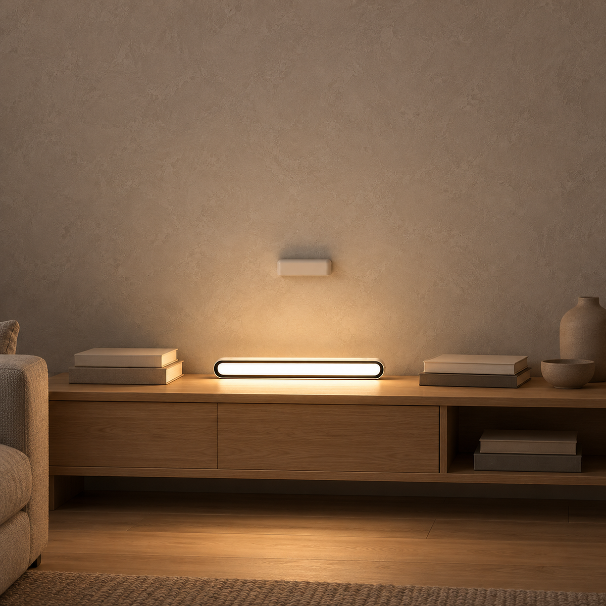 Tirelan white cordless table lamp resting on a console lighting two books below its empty holder