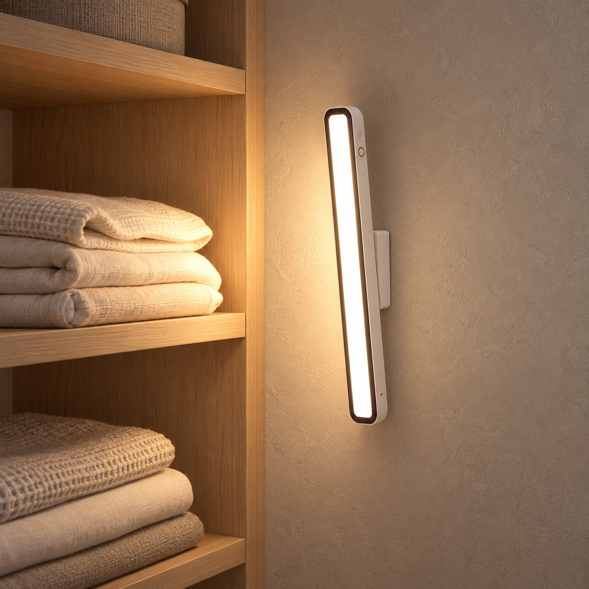 Tirelan white cordless wall lamp mounted vertically beside dressing room shelving in midday light