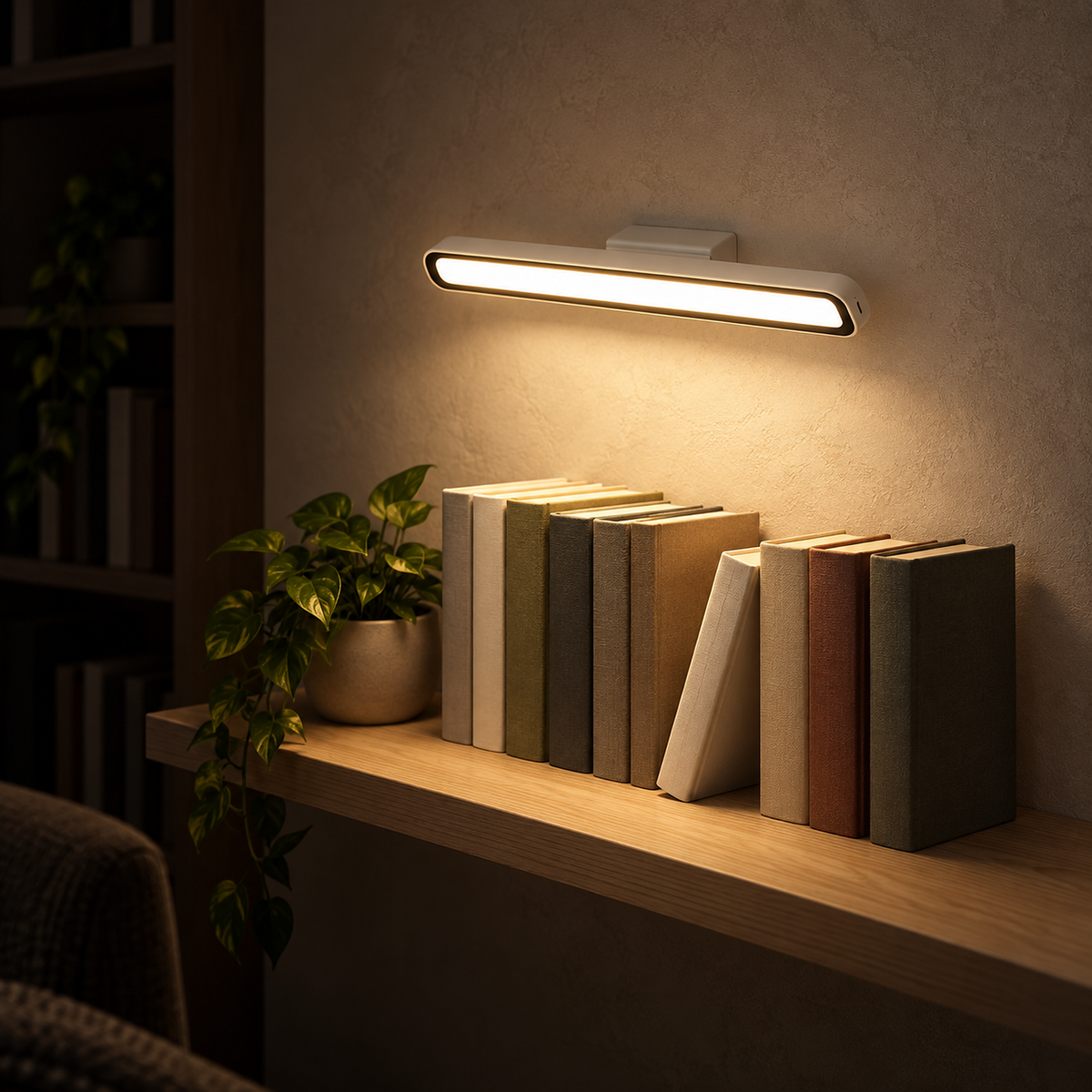 Tirelan white LED wall sconce aimed onto library shelf books at night