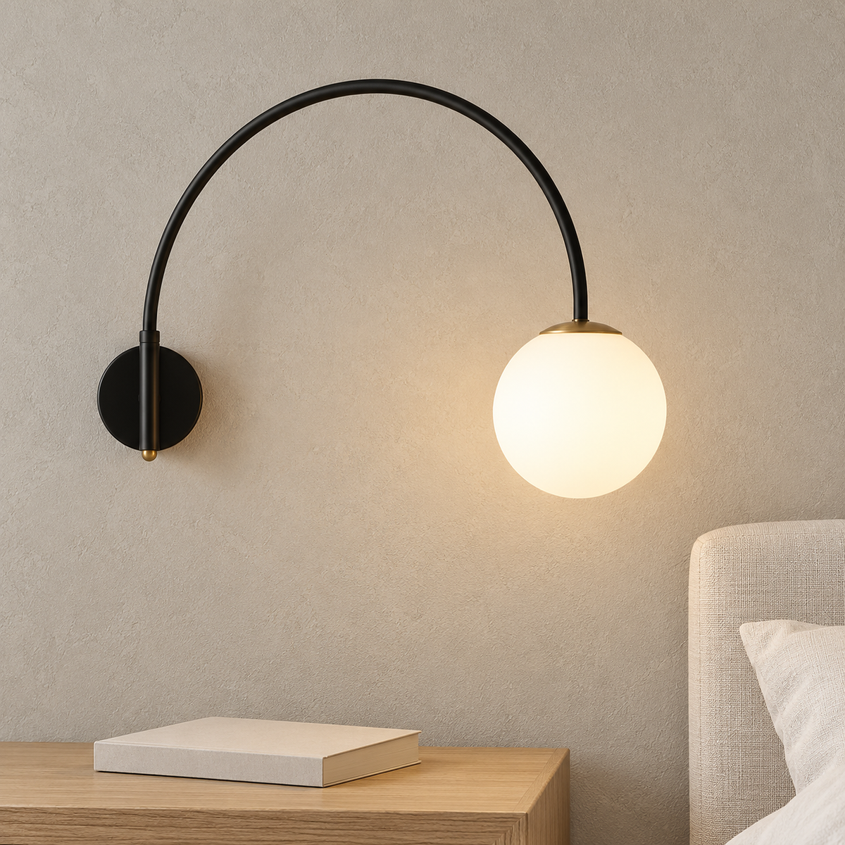Tirsalo black and white bedside wall light glowing beside the bed in a bright daytime bedroom