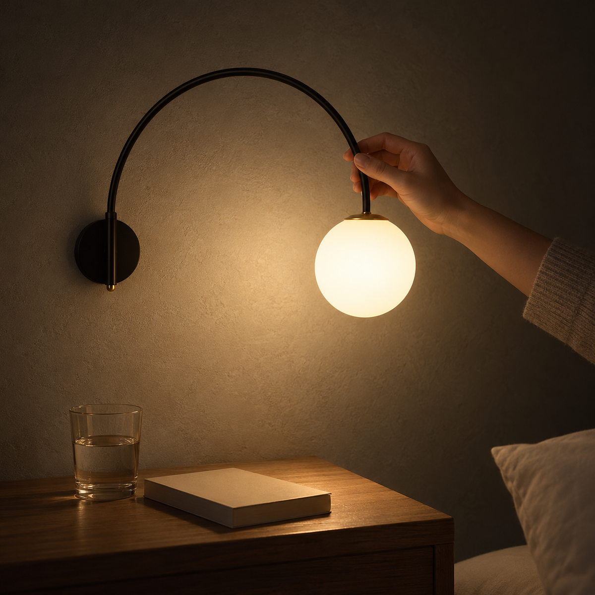 Tirsalo black and white bedside wall light glowing softly over a bedroom at night