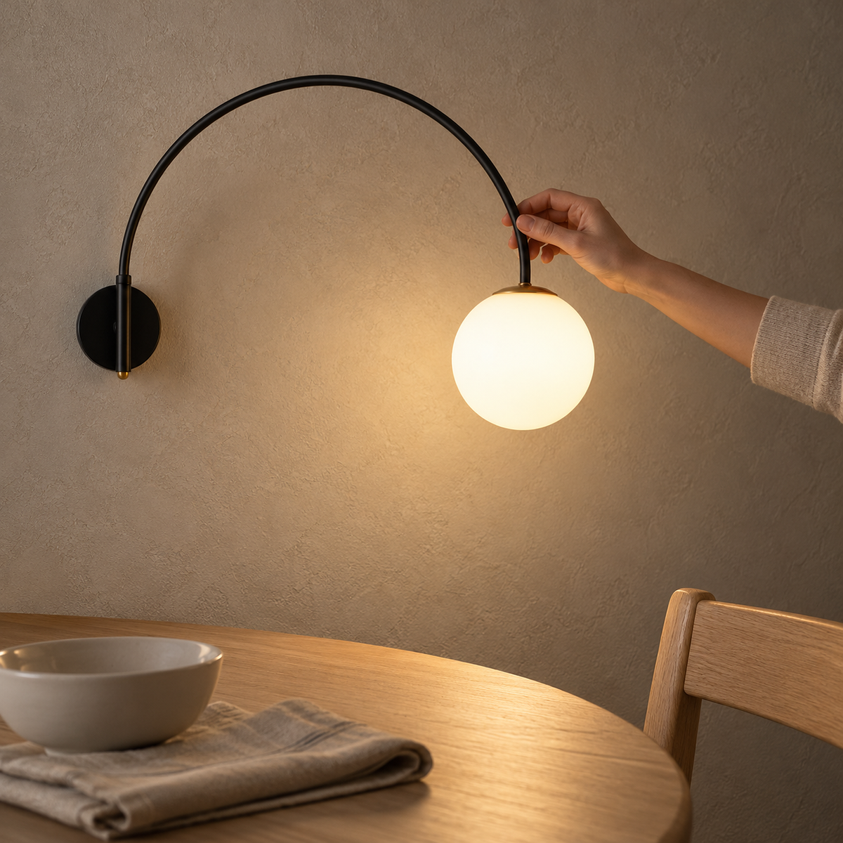 Tirsalo black and white wall lamp with arched arm, glowing globe and gold accents above a wooden table