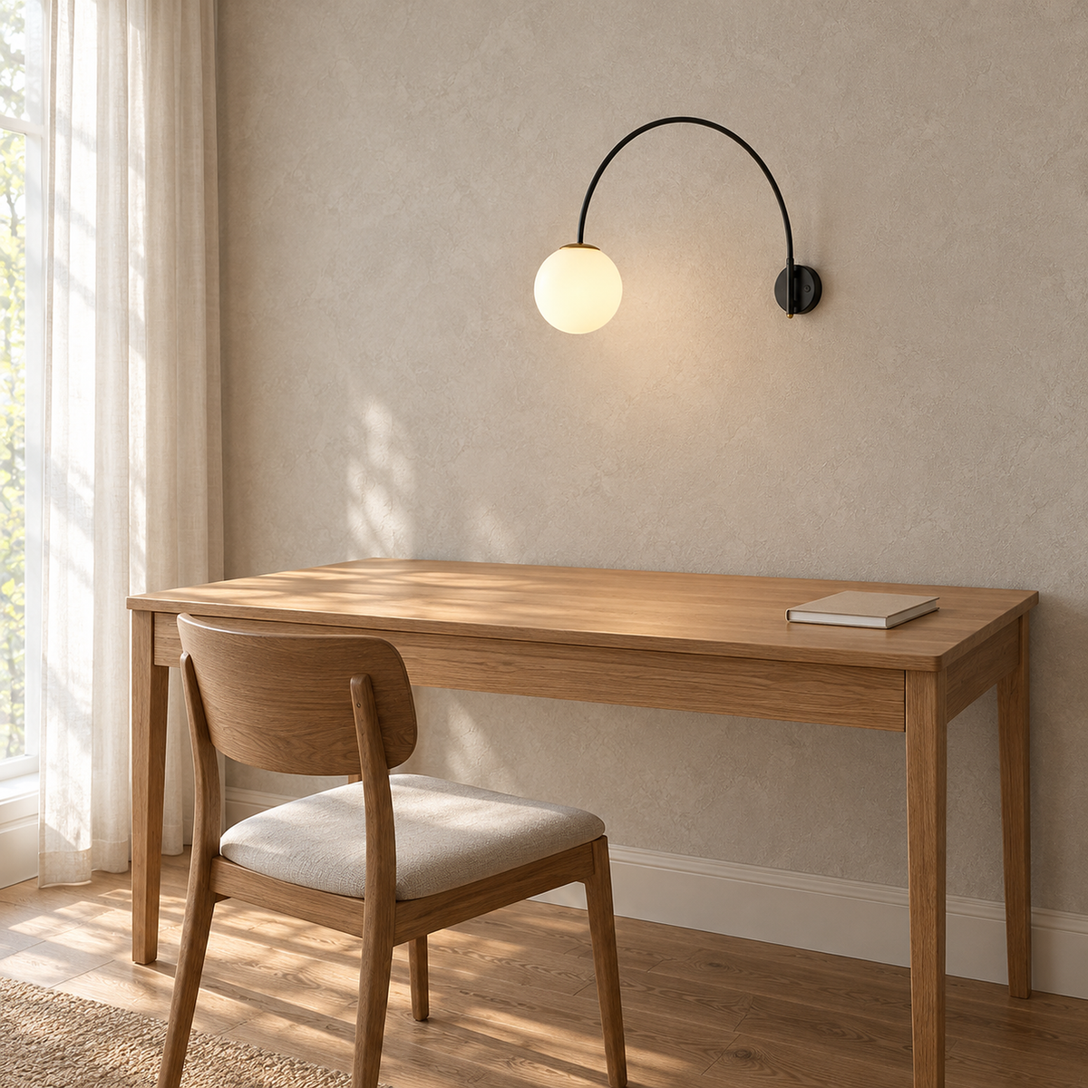 Tirsalo black wall light with arched arm and glowing white globe above a clear wooden desk