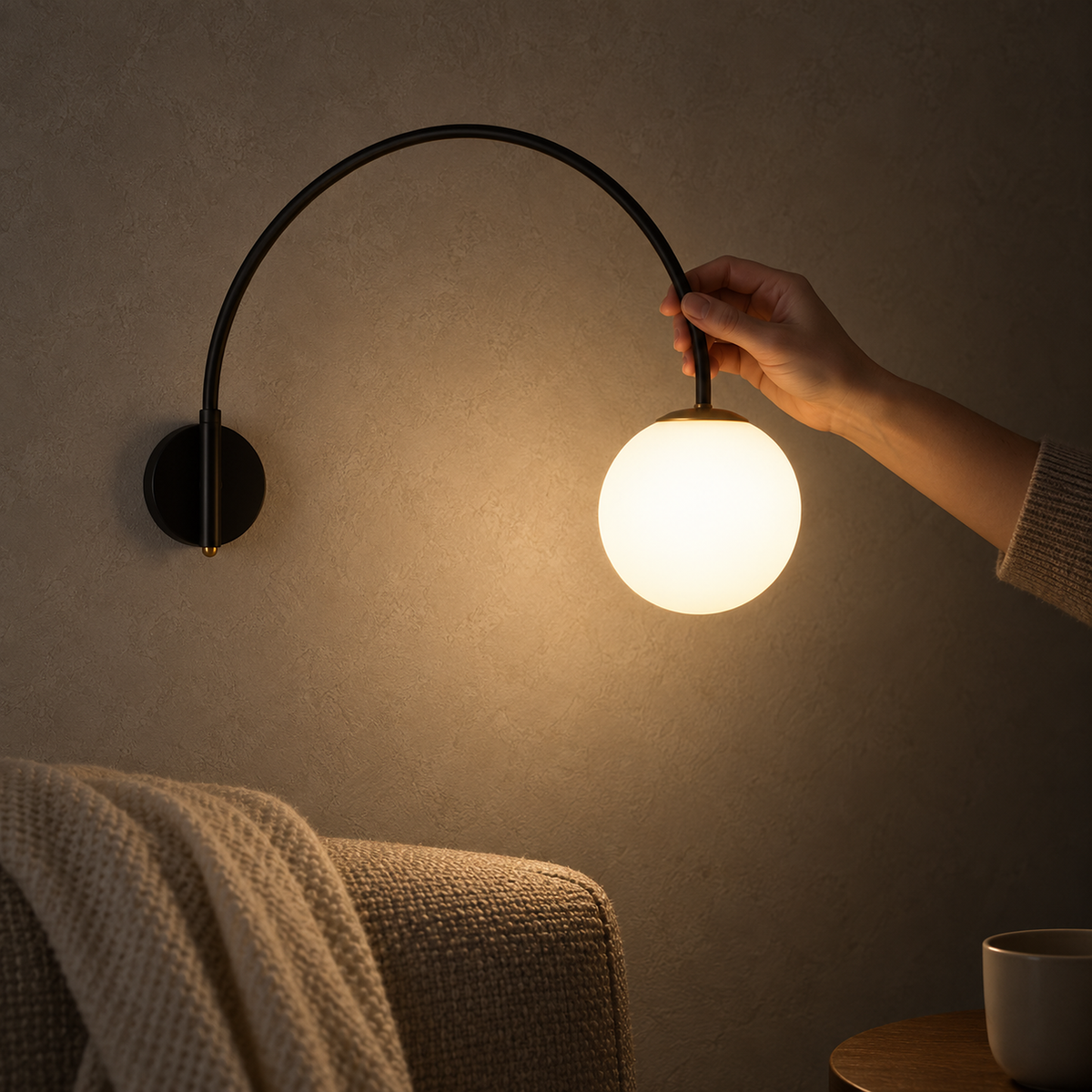 Tirsalo black and white plug in wall light glowing over a living room sofa at night