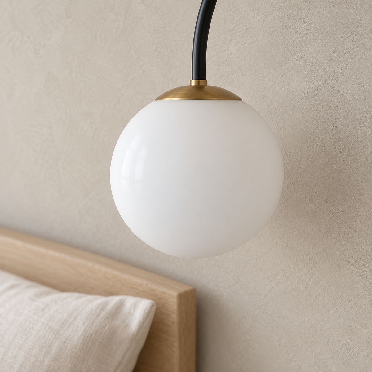 Tirsalo black and white wall lamp, close view of the frosted glass globe and gold tone cap