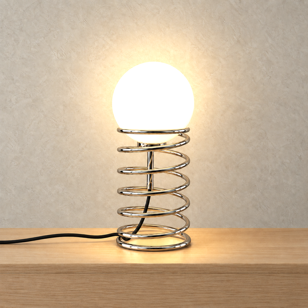 Tirvalo silver glass globe lamp switched on, the frosted globe glowing against greige plaster