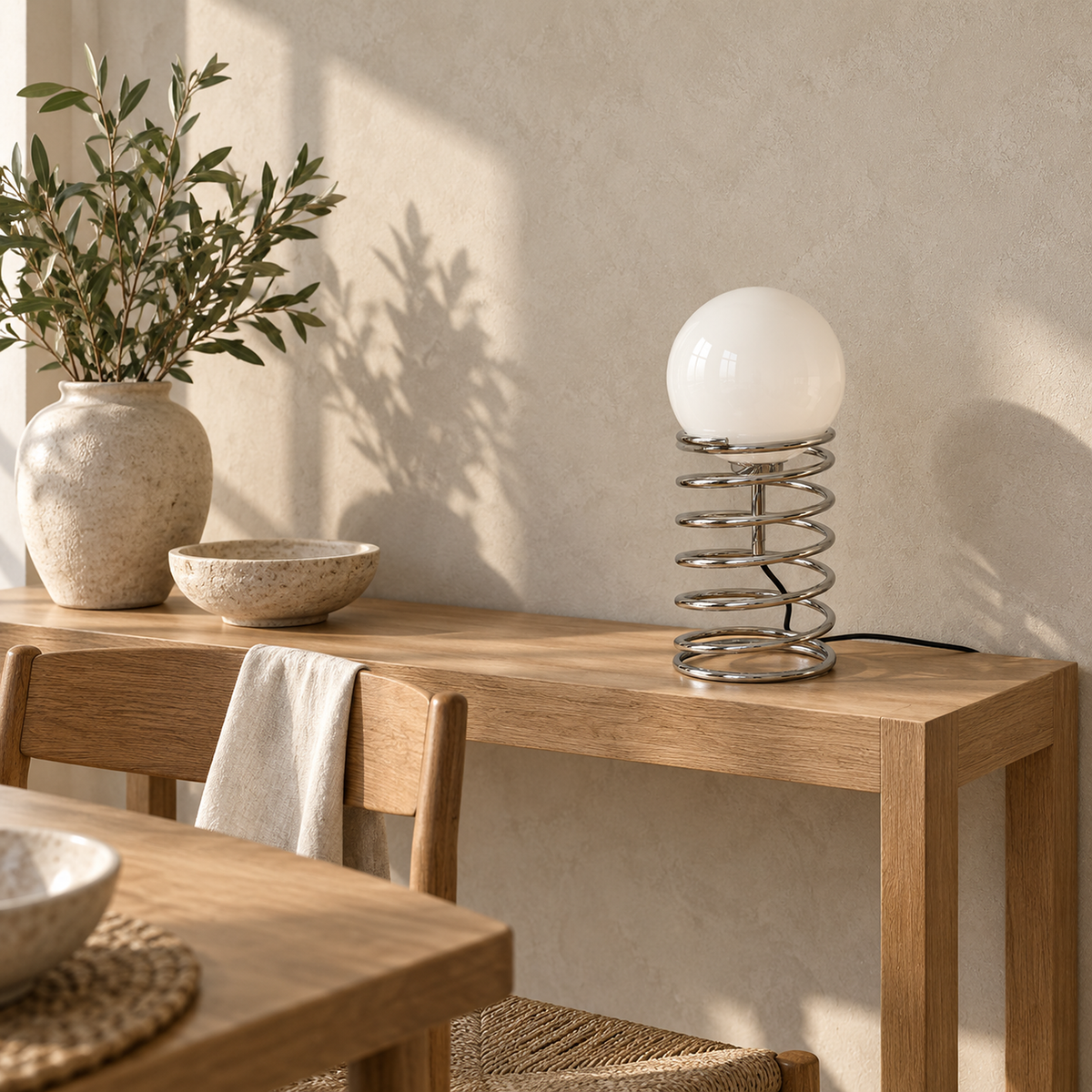 Tirvalo silver glass globe lamp unlit in bright dining room daylight, chrome coil and frosted globe