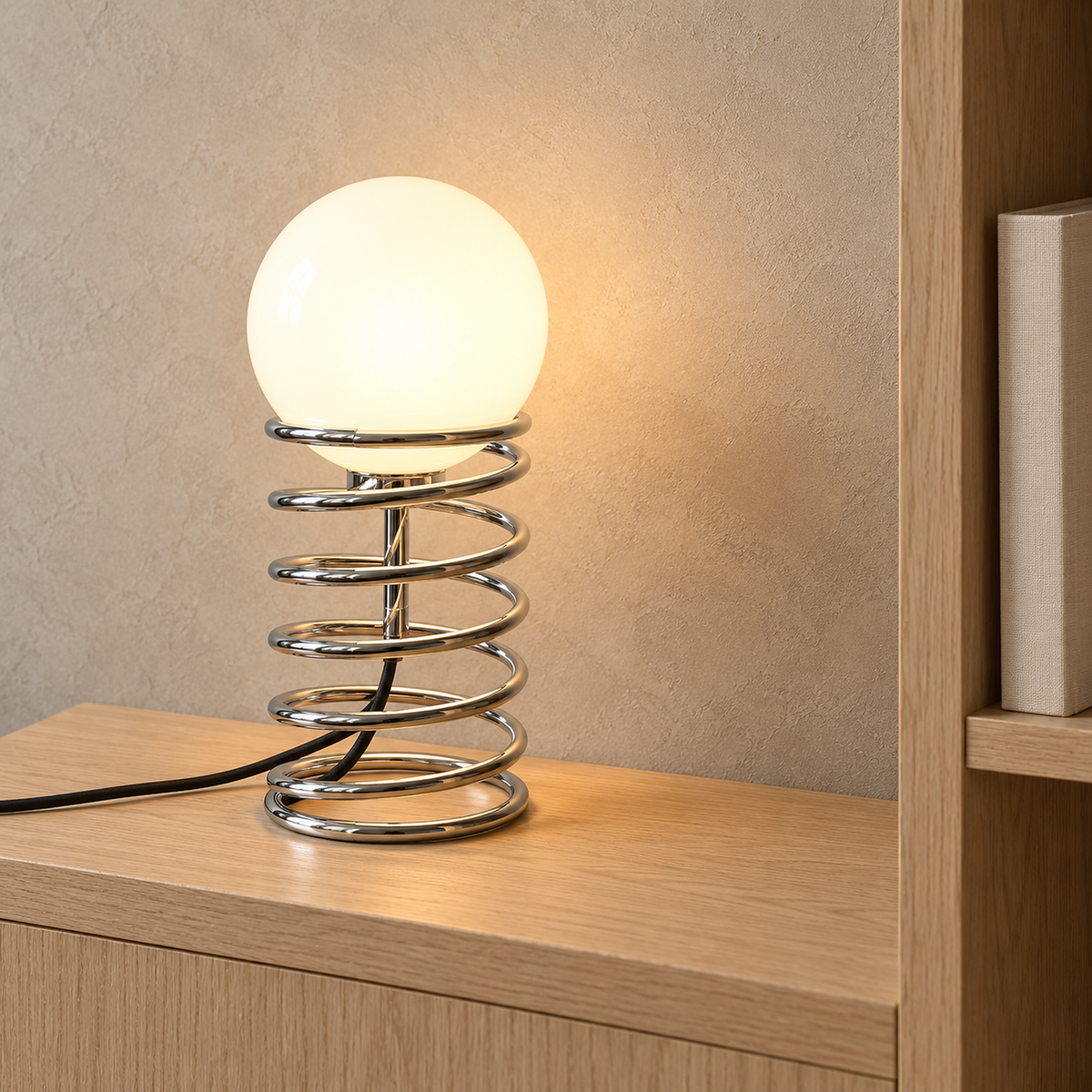 Tirvalo silver table lamp glowing beside a library bookcase in daylight, its frosted glass globe lit
