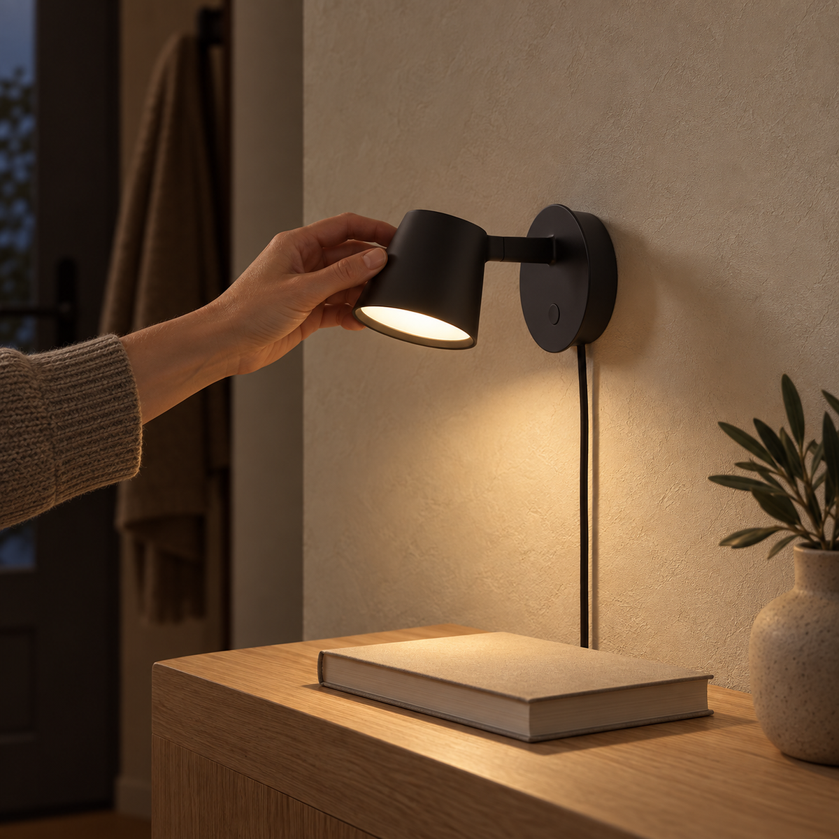 Tisello black adjustable wall sconce in an entryway with its head turned down onto one surface