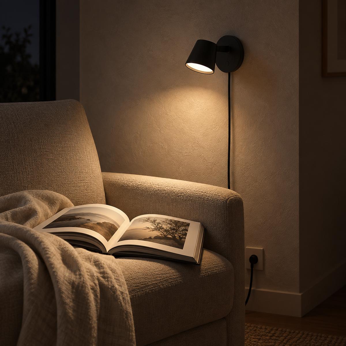 Tisello black LED wall sconce lighting an open book in a living room at night