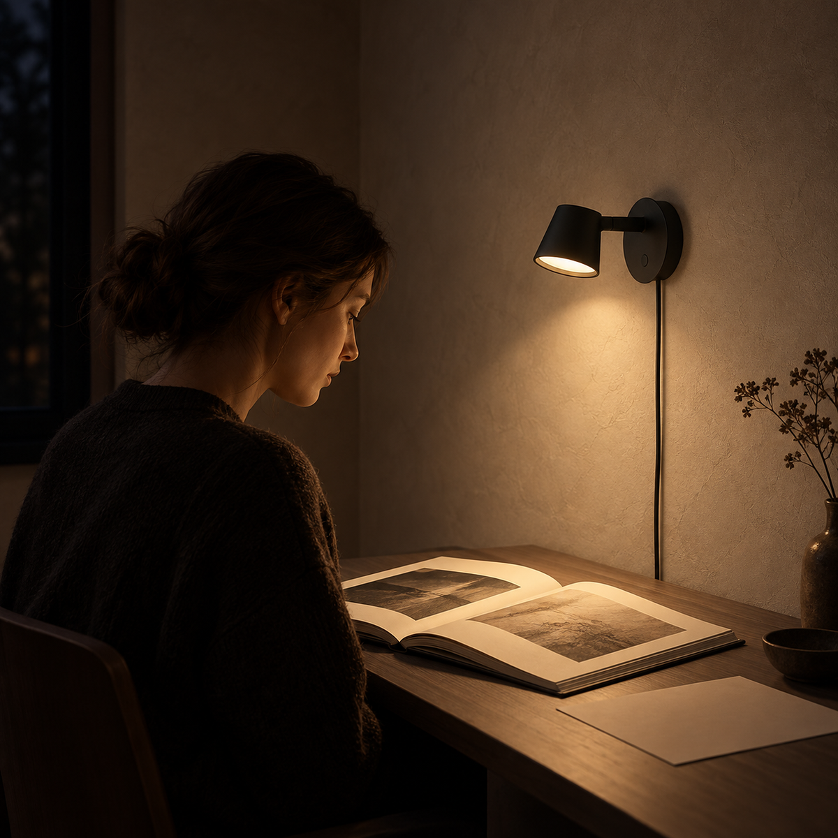 Tisello black LED wall sconce lighting an open desk book at night in a craft studio