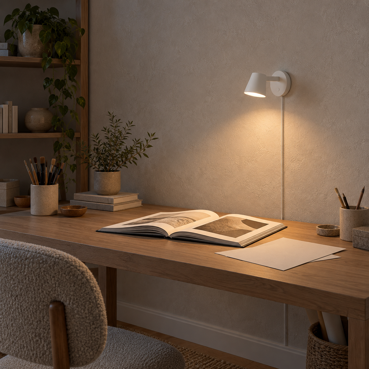 Tisello white adjustable wall sconce aiming its light down onto a craft studio desk #color_white