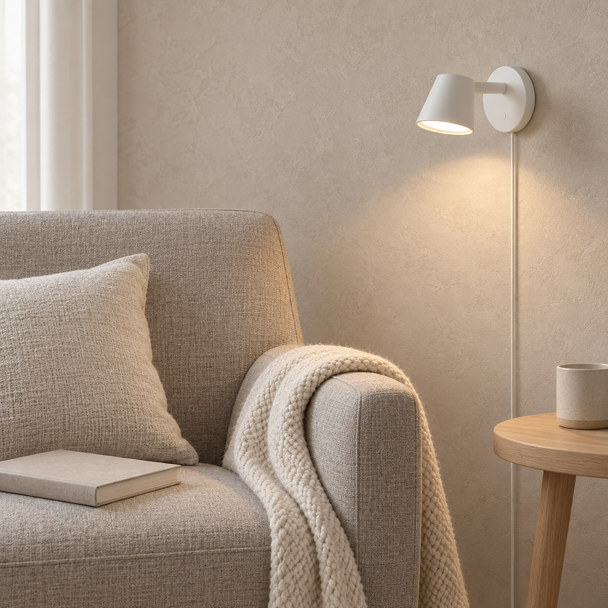 Tisello white LED wall sconce glowing beside an oatmeal chair in a library alcove #color_white