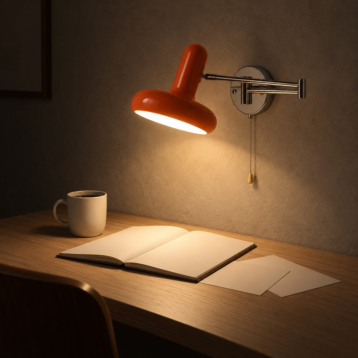 Tivenola orange wall lamp directing warm light onto evening work in a writing nook #color_orange