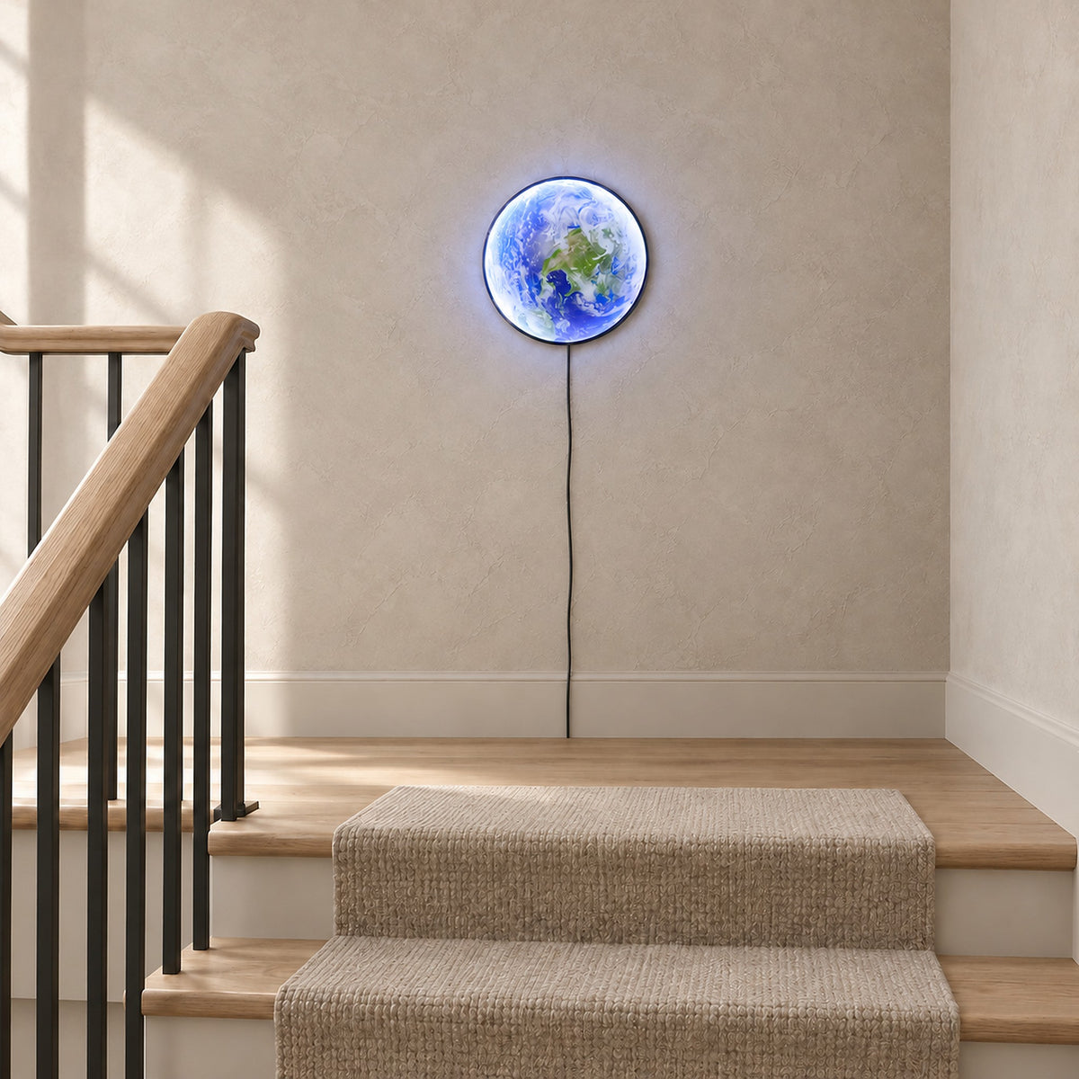 Tolanvi earth wall light in blue earth and dark rim, a wall sconce in cool white light over a staircase by day