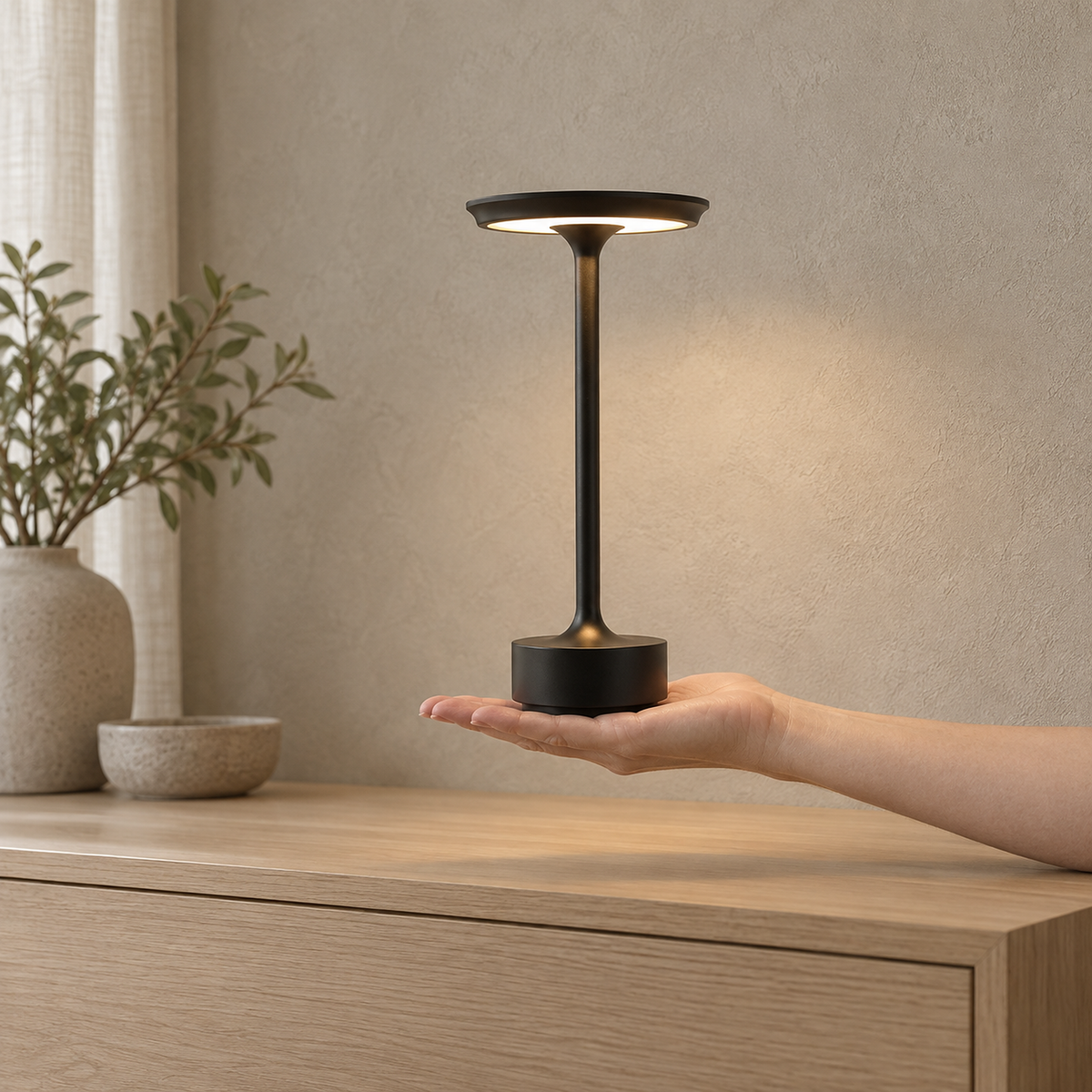 Tolimera black cordless table lamp held lit on an open hand in an entryway