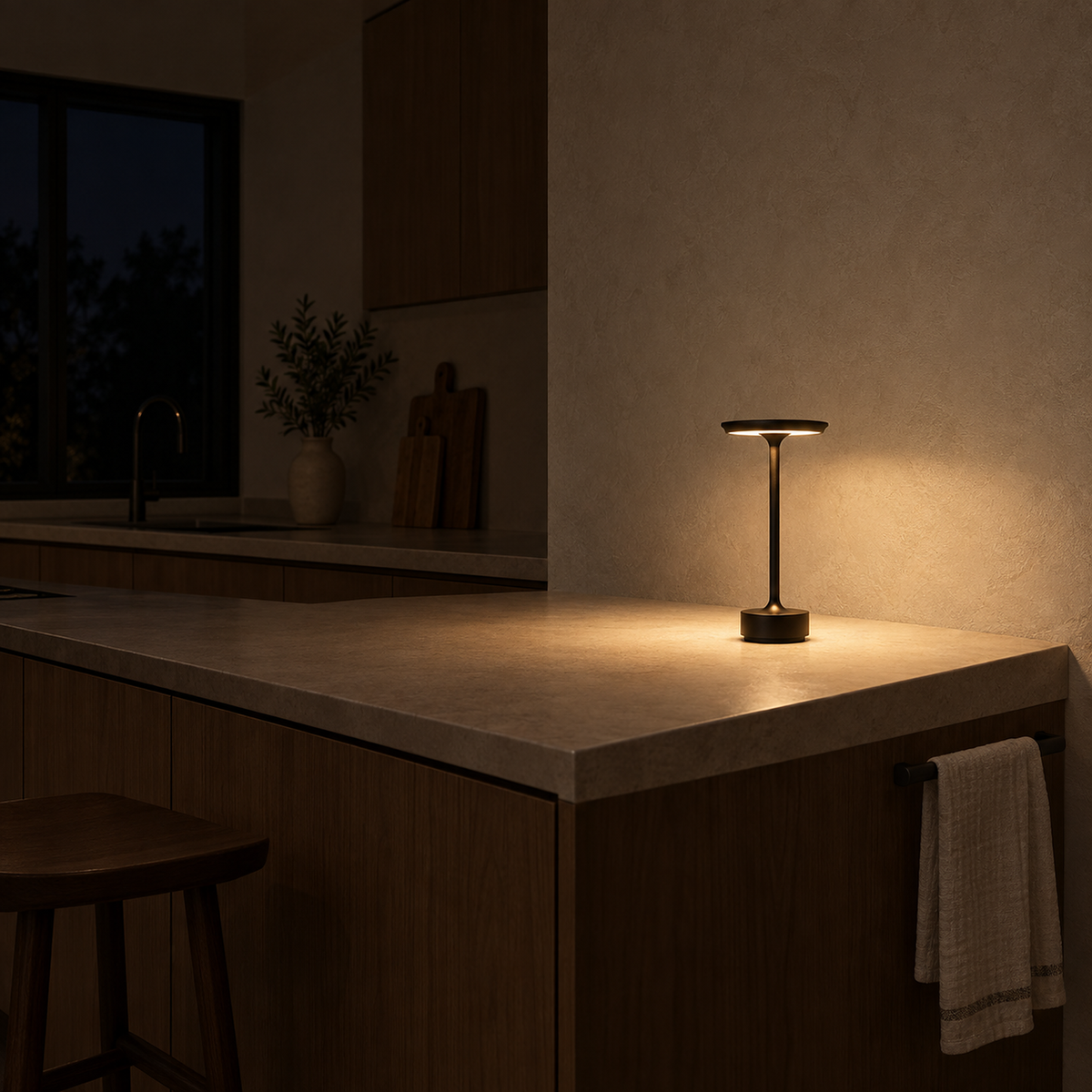 Tolimera black cordless table lamp lighting a clear kitchen counter at night