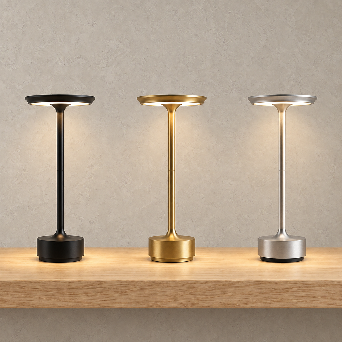 Tolimera black, gold and silver table lamps lit side by side for a color comparison