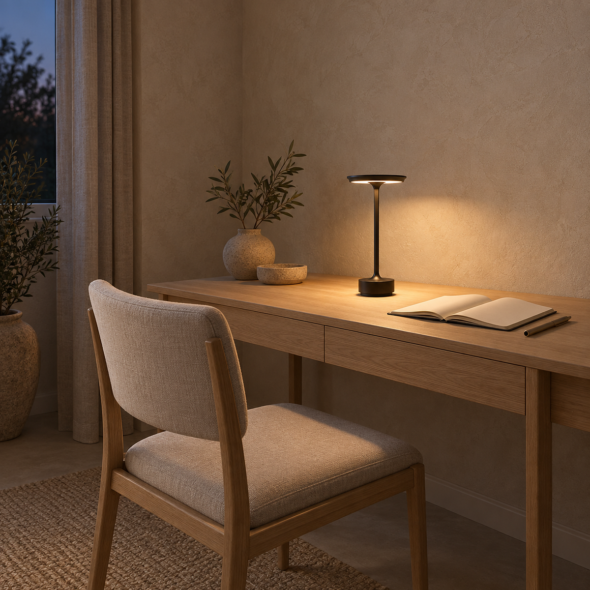 Tolimera black LED desk lamp lighting an open notebook on a home office desk