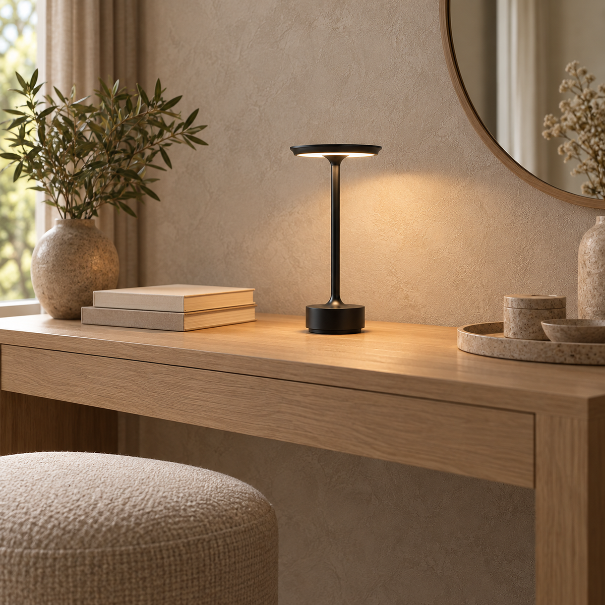 Tolimera black portable table lamp base resting lit on a narrow dressing room console
