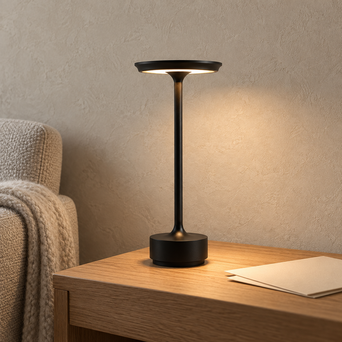Tolimera cordless table lamp in black lit beside an oatmeal armchair in a reading corner