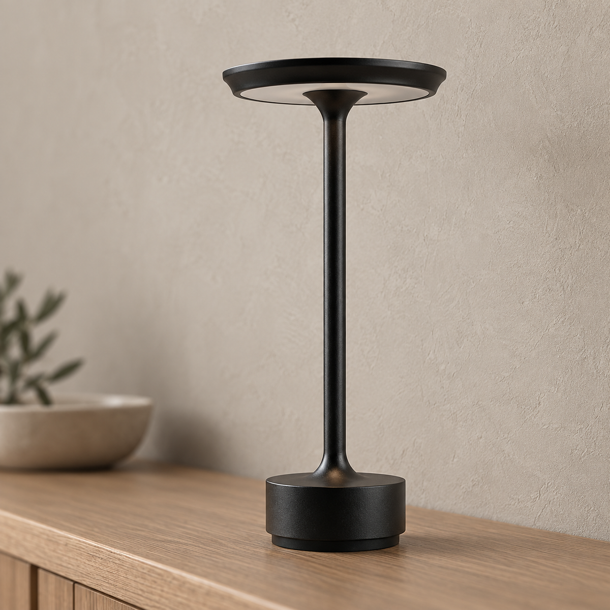 Tolimera portable table lamp in black showing the unlit disc head and diffuser up close