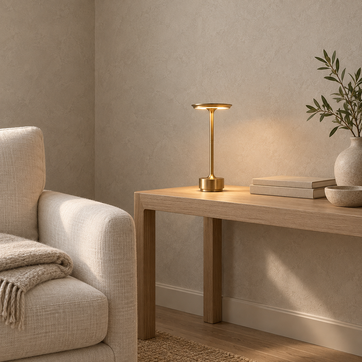 Tolimera portable table lamp in gold lit beside an armchair in a reading corner #color_gold